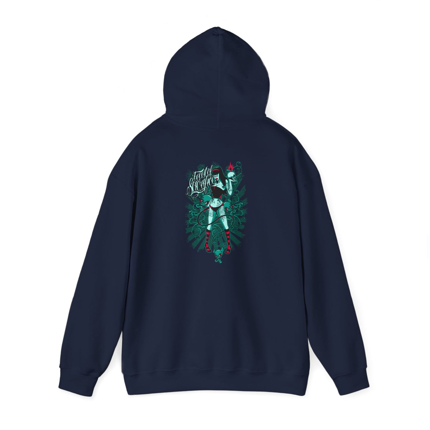 Sleek navy hoodie with an intricate back graphic of a fierce woman and detailed snake illustration, embodying bold elegance and contemporary style.