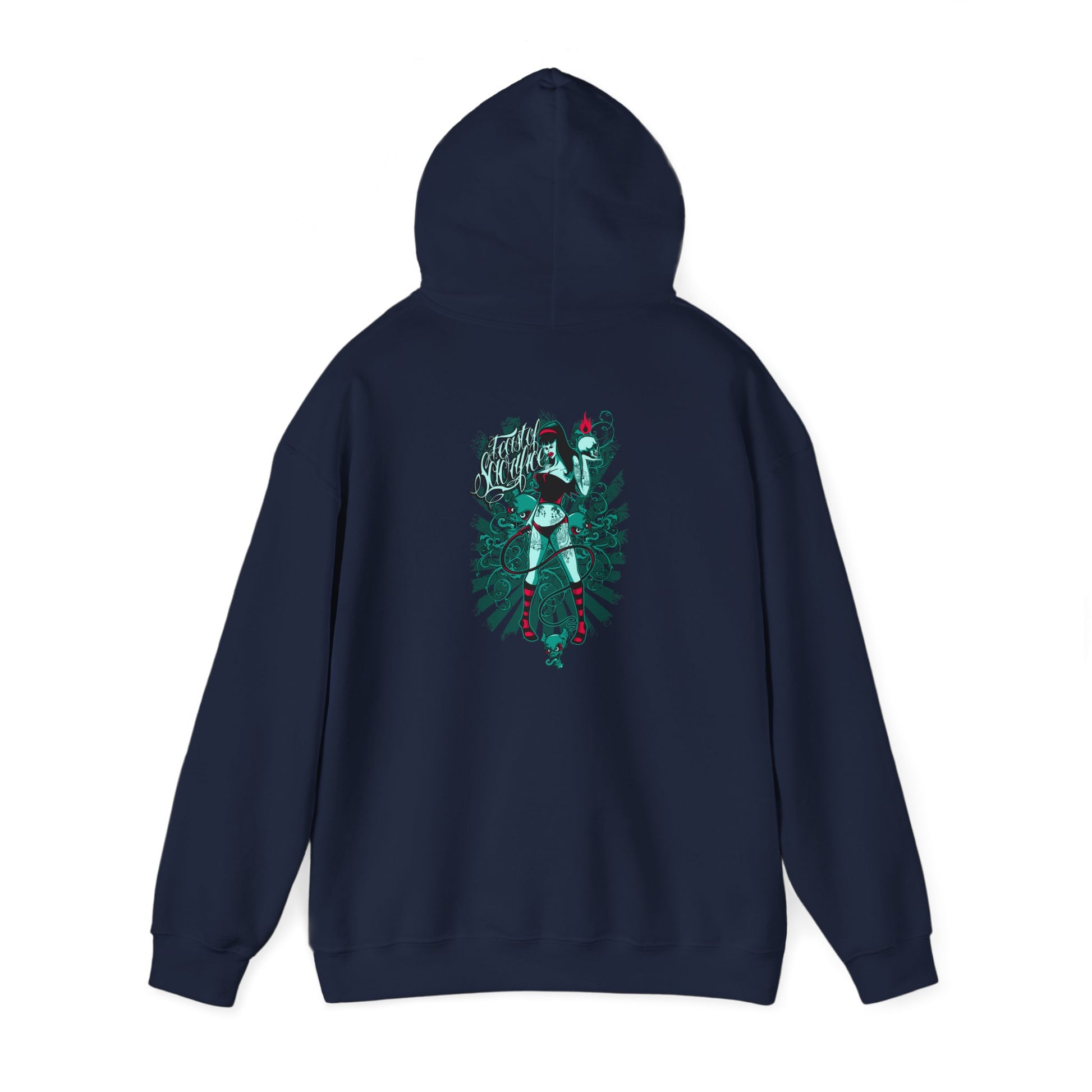 Sleek navy hoodie with an intricate back graphic of a fierce woman and detailed snake illustration, embodying bold elegance and contemporary style.