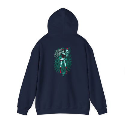 Sleek navy hoodie with an intricate back graphic of a fierce woman and detailed snake illustration, embodying bold elegance and contemporary style.