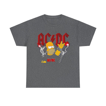 Homer Rock & Roll Unisex Cotton Tee Graphic T Shirt in dark grey showcasing Homer Simpson in a rebellious rock pose with iconic AC/DC elements and vivid lightning effects, designed for comfort and flair.