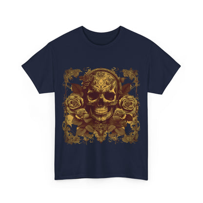 Front view of Skulls and Roses Cotton Tee, featuring an intricate skull and rose design, embodying a luxury steampunk aesthetic.