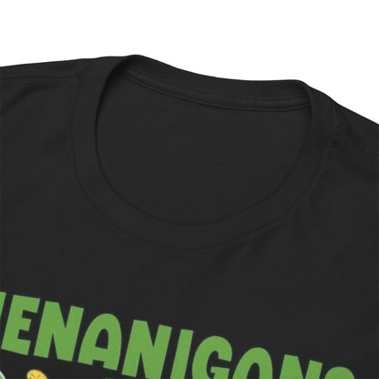 Close-up view of the neckline of the Shenanigans Squad St. Patrick's Day T-Shirt, showcasing high-quality fabric and charming leprechaun graphics, perfect for Irish celebrations.