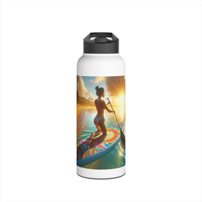 Luxury Fantasy Paddleboarding Stainless Steel Water Bottle showcasing a stunning paddleboarding scene with a woman at sunset, ideal for outdoor adventures.