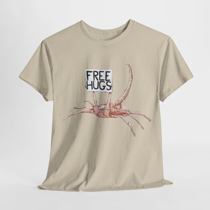 Stylish Alien Xenomorph Facehugger Free Hugs Graphic Unisex T-Shirt, featuring a whimsical design of a facehugger with a 'Free Hugs' sign, perfect for showcasing unique sci-fi humour.