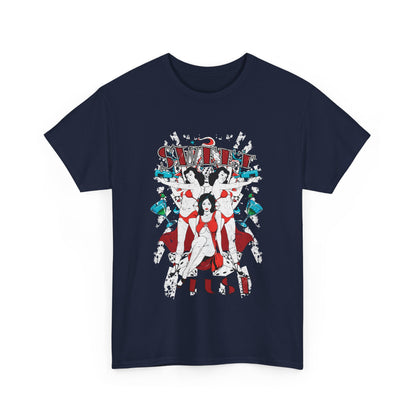 Luxury vintage graphic tee featuring stunning retro pin-up girls in vibrant red attire, surrounded by gambling-themed elements like dice and cocktail glasses, ideal for stylish men who appreciate bold fashion statements.