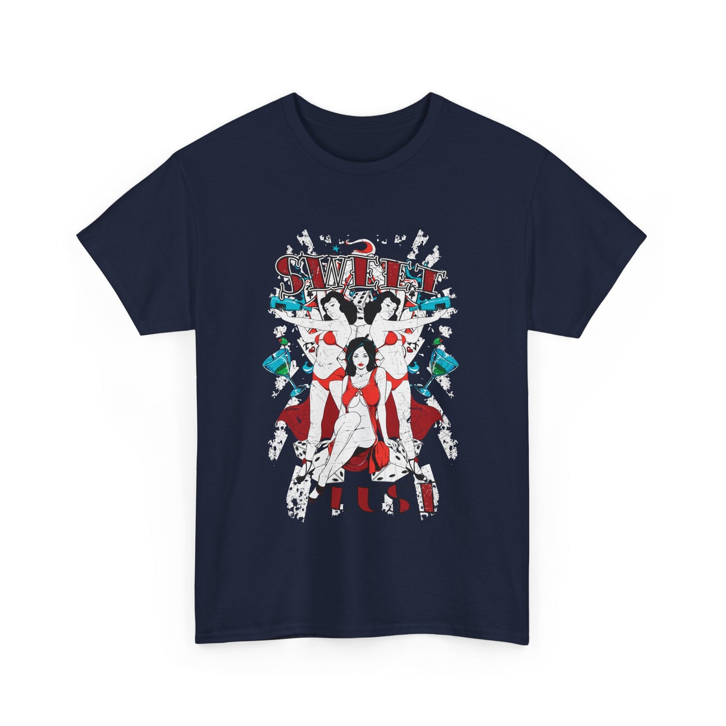 Chic navy graphic t-shirt adorned with an artistic retro print featuring 'SWEET LUST', combining elegance with playful allure for a striking look.