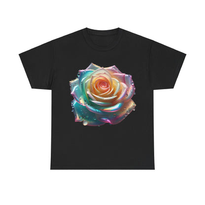 Ethereal Rose Unisex Cotton Tee featuring an artistic floral design with iridescent accents, displaying a close-up of a vibrant stylized rose with shimmering water droplets on a black background.