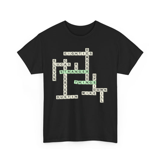 Stranger Things Unisex Mens Womens Graphic Funny T Shirt Tee Urban showcasing a chic black tee adorned with a creative crossword layout, ideal for showcasing your love for the iconic series.