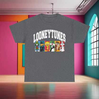 Looney Tunes Graphic T-Shirt Urban Unisex Cotton Tee in dark grey, adorned with beloved classic characters, merging comfort and luxury in nostalgic fashion.