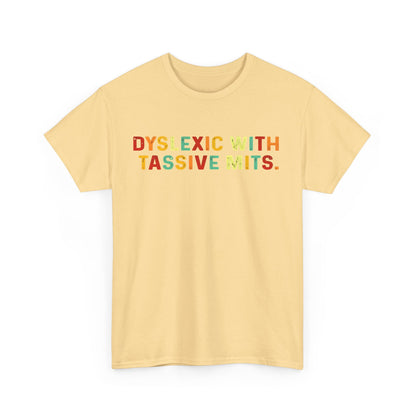 Front view of the premium cotton tee graphic t-shirt titled 'Dyslexic With Tice Nits', featuring vibrant, multi-coloured overlapping letters on a refined yellow background.
