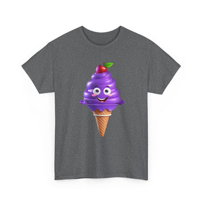 Scoop of Joy: Cartoon Ice Cream Cone Character Tee, presenting a vibrant purple ice cream cone character on a stylish dark grey unisex cotton graphic T-shirt.