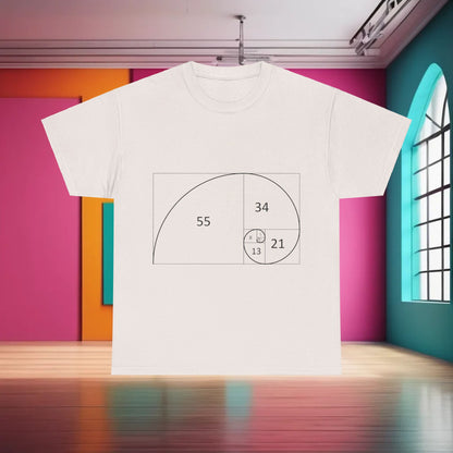 Fibonacci Spiral Space Tee in white, elegantly displaying the Fibonacci spiral graphic, designed for urban aesthetics and ideal for intellectual fashion.