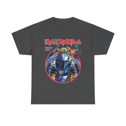 Iron Mando Graphic Tee showcasing a luxurious Mandalorian design with a bold 'IRON MANDO' title and a playful character reminiscent of Grogu, perfect for Star Wars aficionados.