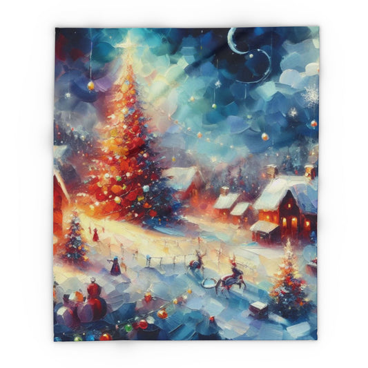 Elegant Decorative and Warm Christmas Arctic Fleece Blanket showcasing a charming depiction of a festive winter night, complete with a glowing Christmas tree, enchanting houses, and joyful winter activities, ideal for seasonal warmth and comfort.