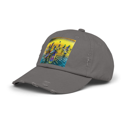 Front view of the Unisex Distressed Paddleboarders Cap showcasing a captivating paddleboarders design, perfect for stylish beach outings.