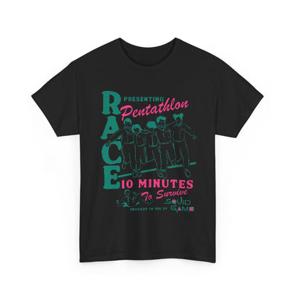 Chic black t-shirt reflecting a contemporary aesthetic, detailed with 'RACE presenting Pentathlon 10 Minutes To Survive' in striking colours, a perfect choice for discerning fans of upscale streetwear.