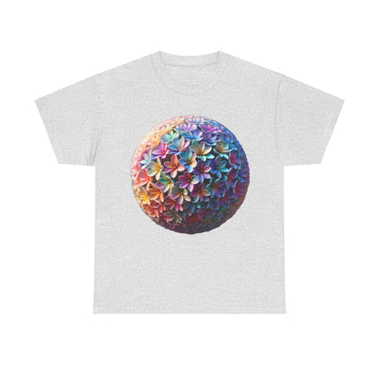 Iridescent Floral Sphere Unisex Cotton Tee Graphic T Shirt in light grey with a captivating, multi-coloured floral sphere design that exudes luxury and style.