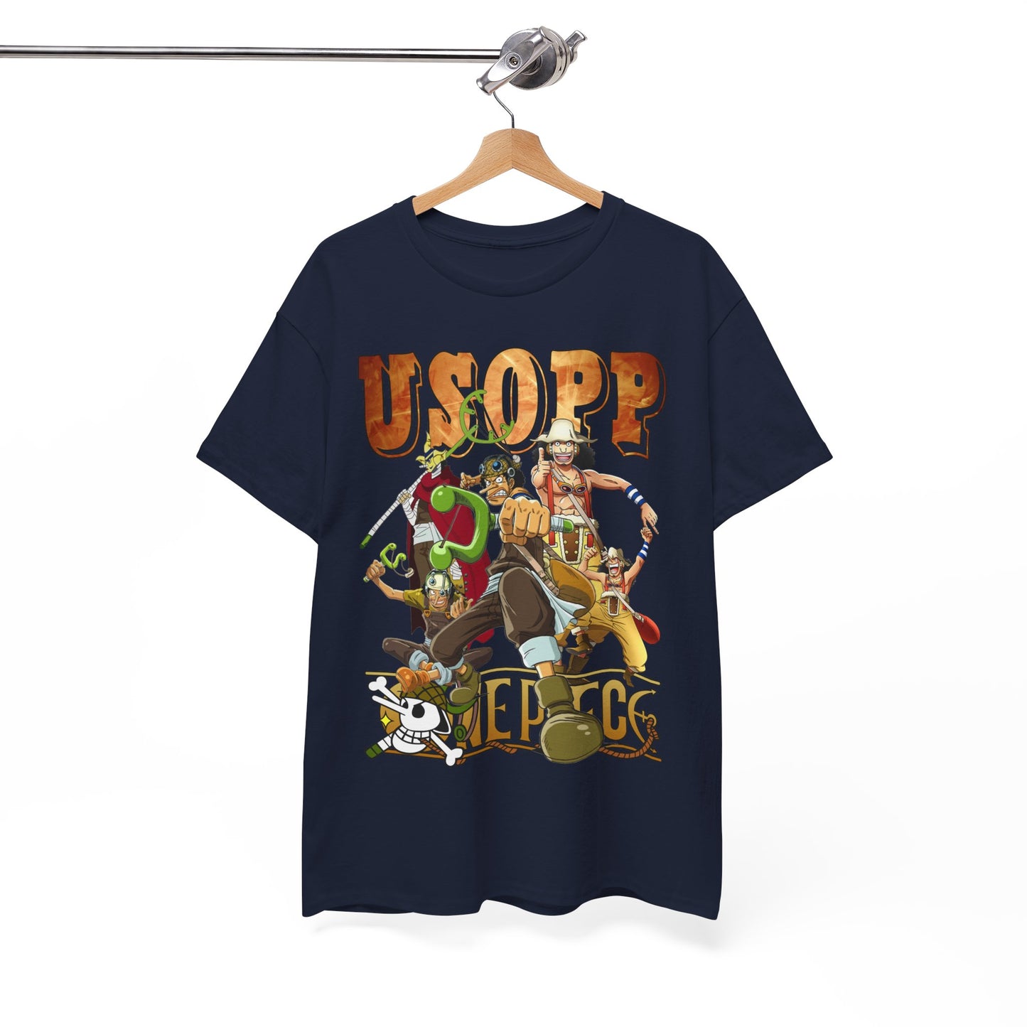 Elegant navy Usopp t-shirt featuring vibrant anime character graphics, showcasing a dynamic design with the name 'USOPP' prominently displayed, perfect for anime enthusiasts.