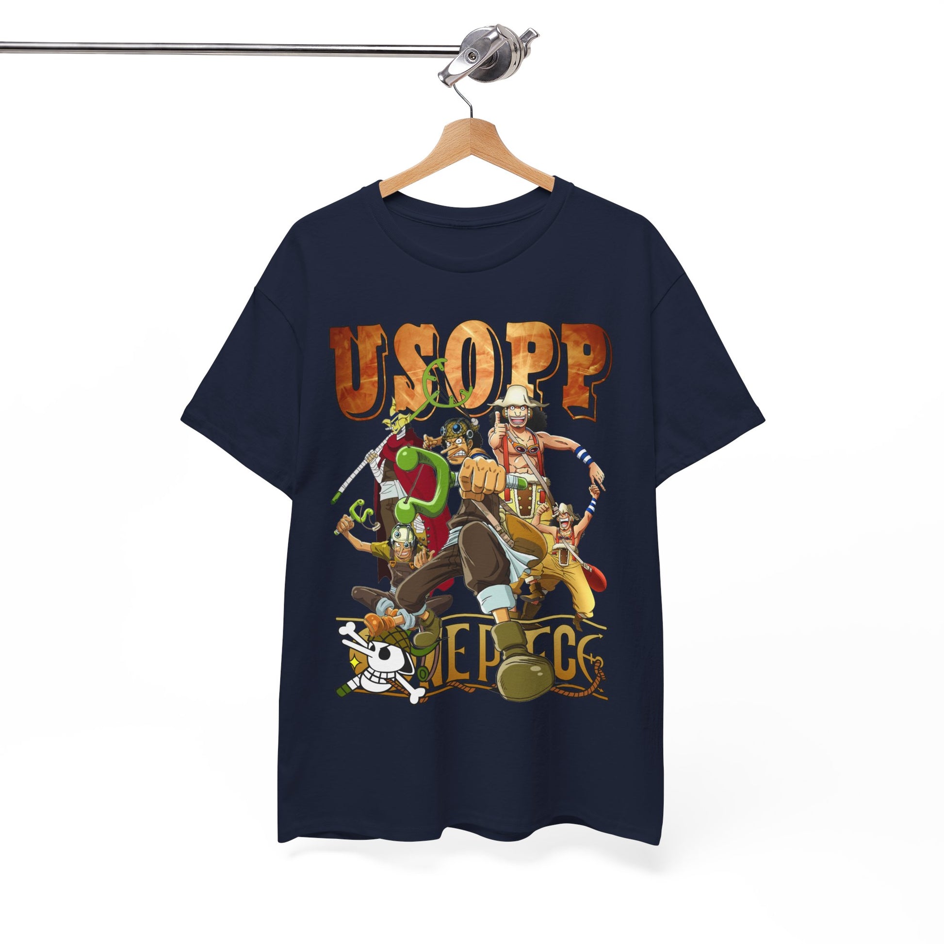 Elegant navy Usopp t-shirt featuring vibrant anime character graphics, showcasing a dynamic design with the name 'USOPP' prominently displayed, perfect for anime enthusiasts.