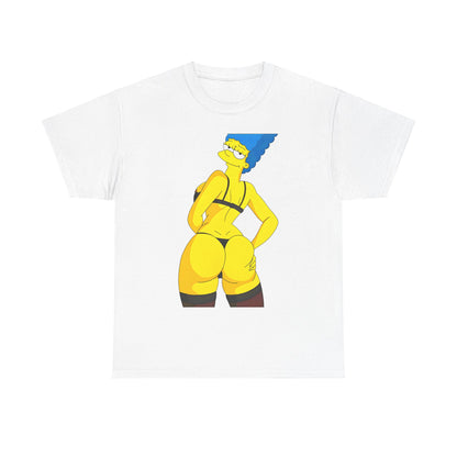 Marge Simpson Curvaceous Charm Graphic Unisex Graphic Tee Shirt showcased in pristine white, adorned with a striking graphic of Marge exuding confidence and charm in a sophisticated pose.