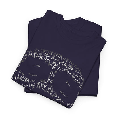 Artfully stacked navy t-shirts displaying the Joker's iconic face made up of 'HA' letters and a striking red smile, embodying a playful yet sophisticated aesthetic.
