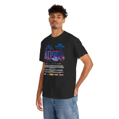 Chic Alpine F1 Team Men's T-Shirt worn by a model, featuring striking graphics of racing cars, showcasing a sophisticated and sporty style.