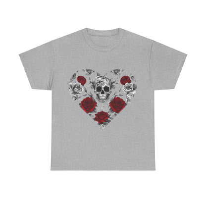 Stylish Skulls and Roses Cotton Tee design displayed on a grey background, highlighting a captivating heart design made of skulls and roses for a distinctive look.