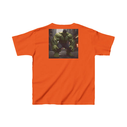 Kids Incredible Hulk Heavy Cotton T-Shirt in vibrant orange with a stunning Hulk design on the back, perfect for adventure-loving children.