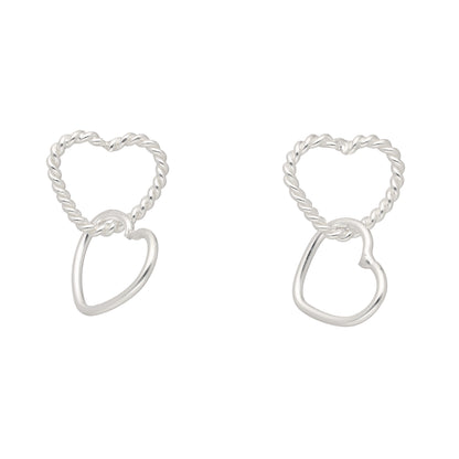 Textured heart chain sterling silver stud earrings