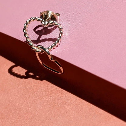 Textured heart chain sterling silver stud earrings