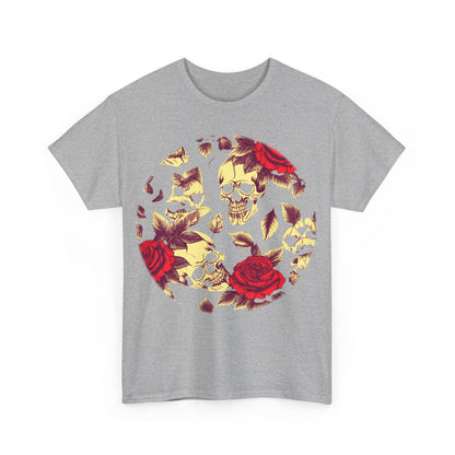 Skulls and Roses Cotton Tee: A close-up of the front design of a stylish unisex graphic shirt, featuring skulls and roses for a unique fashion statement.