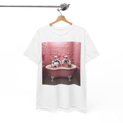 Elegant hanging white t-shirt displaying a quirky image of Stormtroopers in a pink bath, captured against a chic tiled background, perfect for adding personality to your wardrobe.