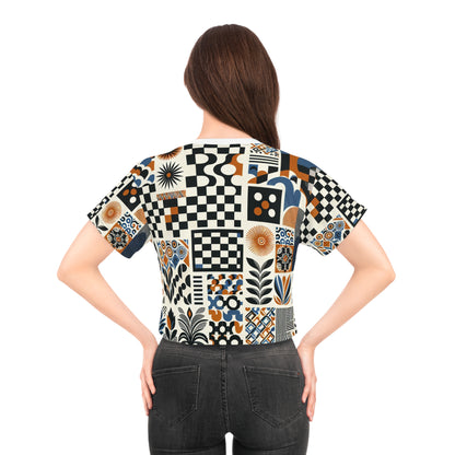 Evelyn Chicane Vibrant Patterned Crop Top by Dazzling Dreams Studio featuring a contemporary checkerboard design in silky soft polyester, perfect for luxurious style and comfort.