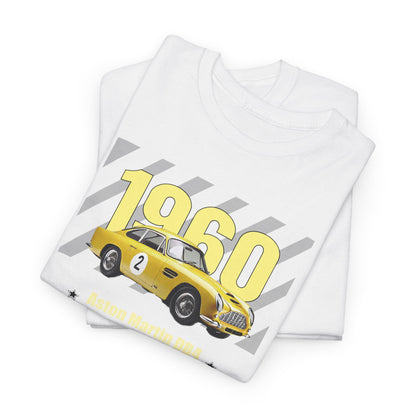 Artistic presentation of folded white t-shirts featuring the iconic Aston Martin DB4 GT Zagato design, showcasing dynamic yellow graphics and luxury craftsmanship ideally suited for automotive enthusiasts.