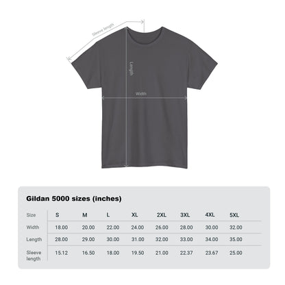 Sizing guide for the Iron Mando graphic tee, showcasing measurements for different sizes in inches, ideal for finding the perfect luxurious fit.