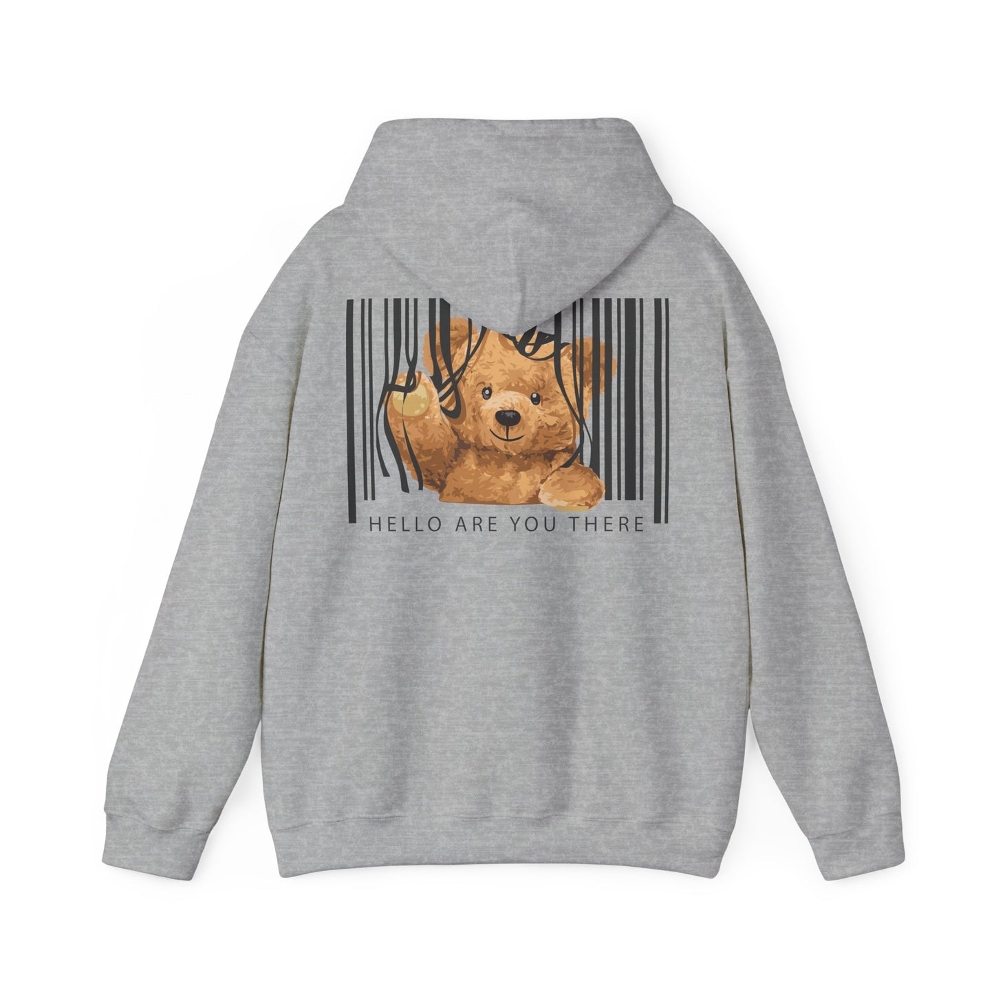 Chic grey hoodie displaying a playful teddy bear caught in a contemporary barcode. The soft, warm hues of the bear enhance the creative aesthetic, while the text 'HELLO ARE YOU THERE' engages the viewer.