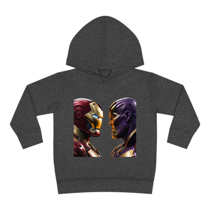 Iron Man Vs Thanos Child's Unisex Hoodie in dark grey, elegantly displaying a captivating graphic of Iron Man and Thanos, tailored for kids aged 2 to 5 years.