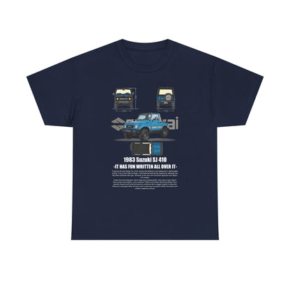 Elegant men's t-shirt featuring a classic Suzuki SJ 410 graphic in navy blue, embodying a spirit of adventure and sophistication.