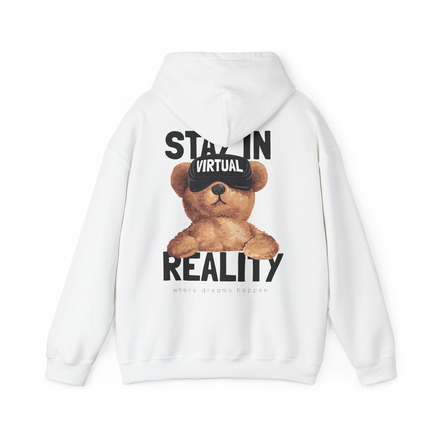 Elegant white hoodie featuring a charming teddy bear design with VR goggles, emblazoned with the phrase 'STAY IN VIRTUAL REALITY', perfect for a stylish and comfortable look.