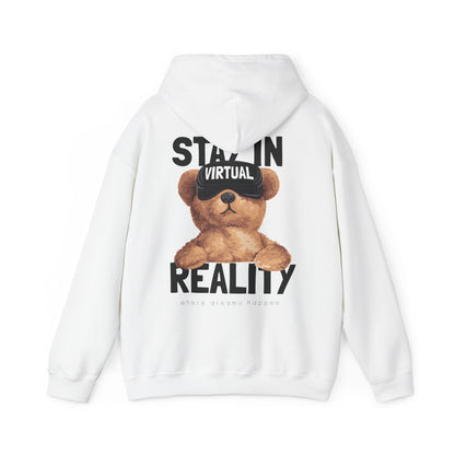 Elegant white hoodie featuring a charming teddy bear design with VR goggles, emblazoned with the phrase 'STAY IN VIRTUAL REALITY', perfect for a stylish and comfortable look.