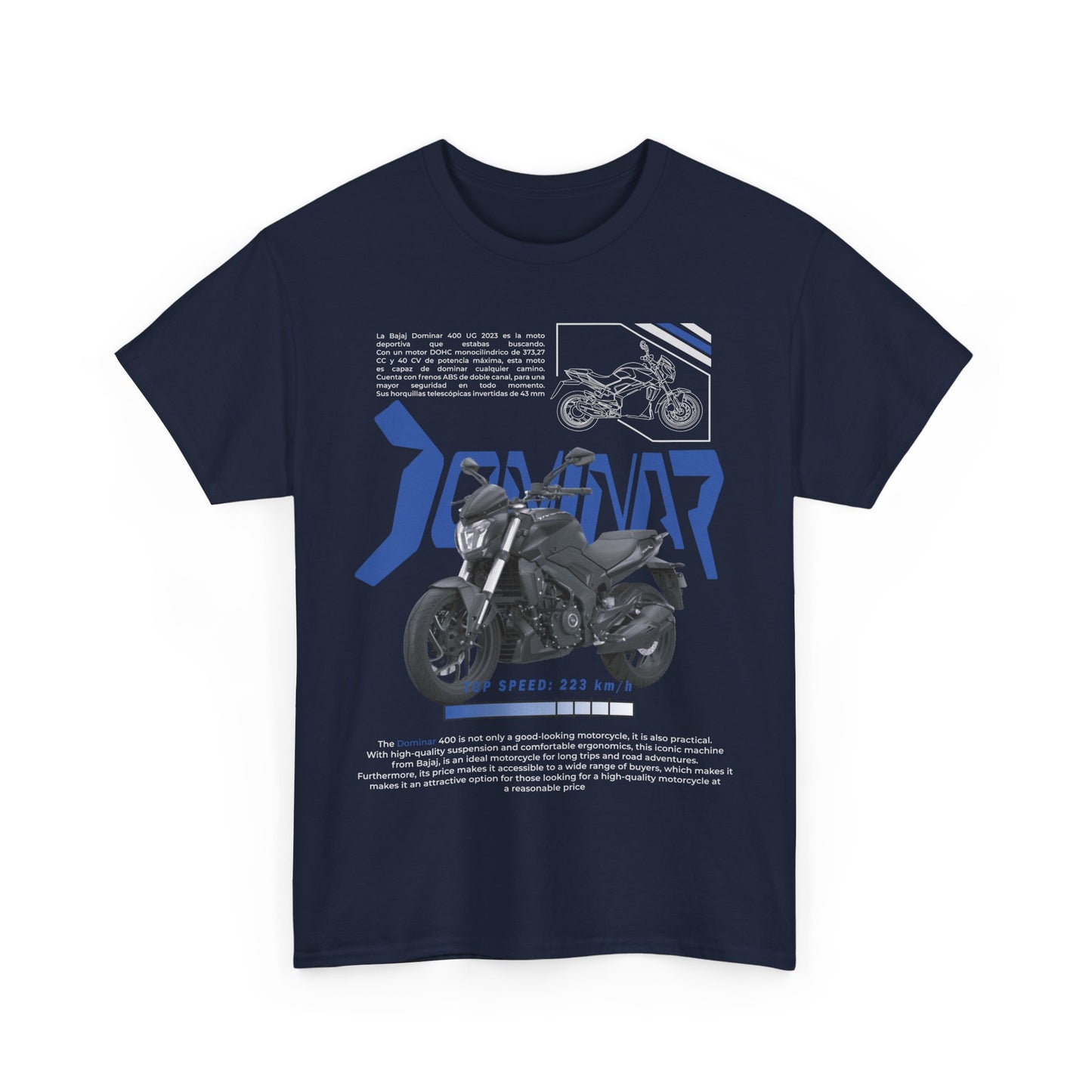 Luxurious navy blue Dominar 400 men's t-shirt featuring a bold motorcycle design, showcasing the iconic bike alongside sleek typography and technical information about its performance, ideal for motorcycle enthusiasts.