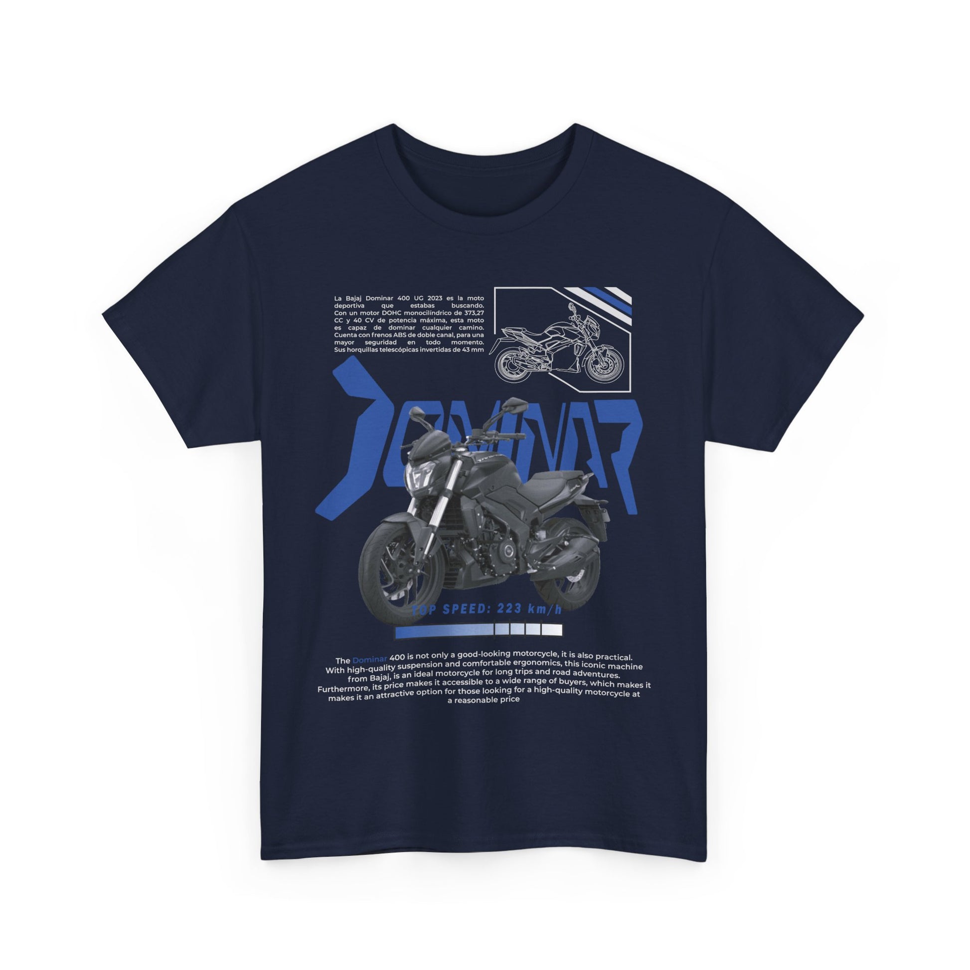 Luxurious navy blue Dominar 400 men's t-shirt featuring a bold motorcycle design, showcasing the iconic bike alongside sleek typography and technical information about its performance, ideal for motorcycle enthusiasts.