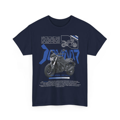 Luxurious navy blue Dominar 400 men's t-shirt featuring a bold motorcycle design, showcasing the iconic bike alongside sleek typography and technical information about its performance, ideal for motorcycle enthusiasts.