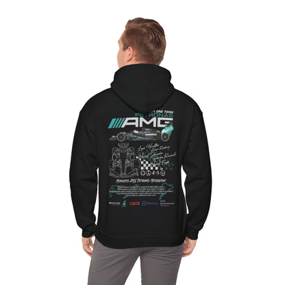 Stylish back view of a black Mercedes AMG Petronas F1 hoodie featuring dynamic motorsport graphics and iconic team logos, ideal for fans.