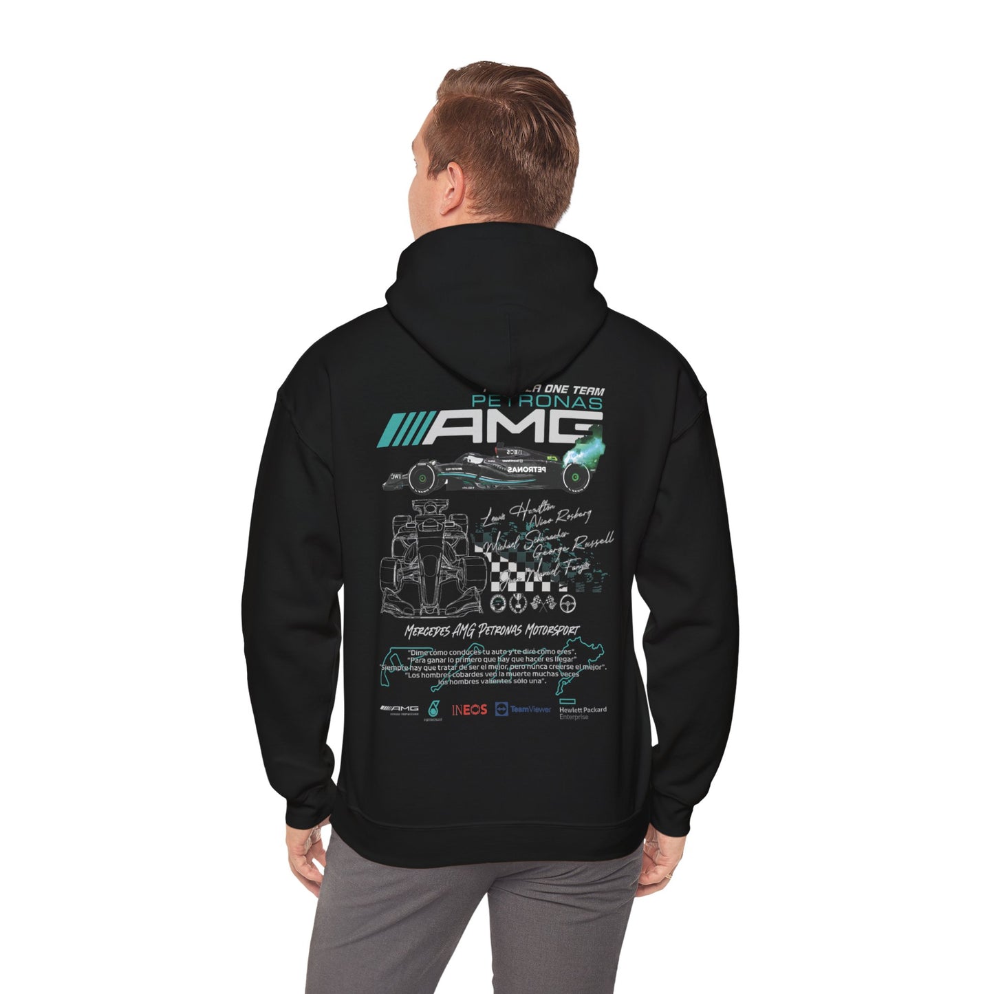 Stylish black hoodie showcasing intricate back graphic design featuring the Mercedes AMG Petronas F1 Racing Team logo and a dynamic Formula One car illustration.