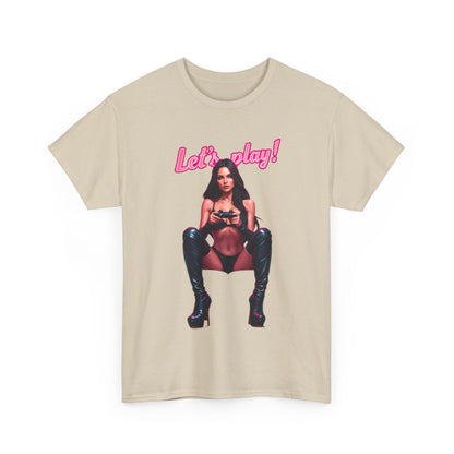Stylish unisex cotton tee showcasing a captivating 'Let's play!' graphic, embodying playful gaming culture for fashion-forward gamers.