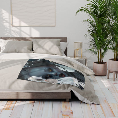 Elegant view of the Decorative and Warm Halloween Cute Arctic Fleece Blanket draped on a chic bed, showcasing a striking Halloween theme for an upscale decor.