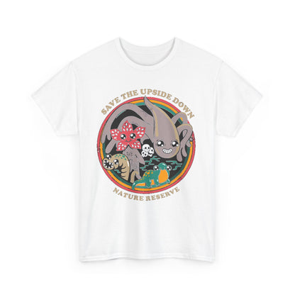 Elegant unisex 'Save the Upside Down' graphic t-shirt displaying charming creature illustrations. A stylish tribute to Stranger Things, crafted for comfort and a chic look.