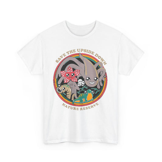 Elegant unisex 'Save the Upside Down' graphic t-shirt displaying charming creature illustrations. A stylish tribute to Stranger Things, crafted for comfort and a chic look.