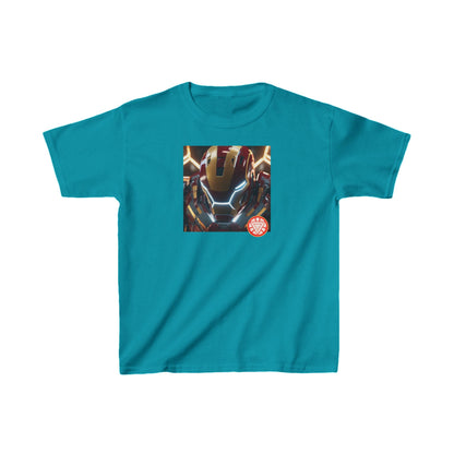 Kids Iron Man Heavy Duty Tee with Hulk Graphic in vibrant turquoise, showcasing an iconic Iron Man logo for young superhero enthusiasts.